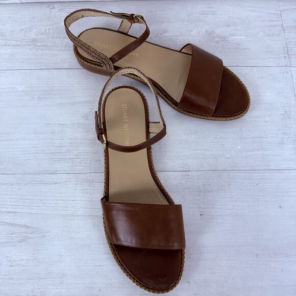Stuart Weitzman Leather Sandals Size 11.5 Brown Twisted Ankle Strap Flat Classic - Picture 12 of 13